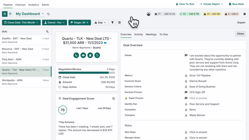 Deal engagement screen