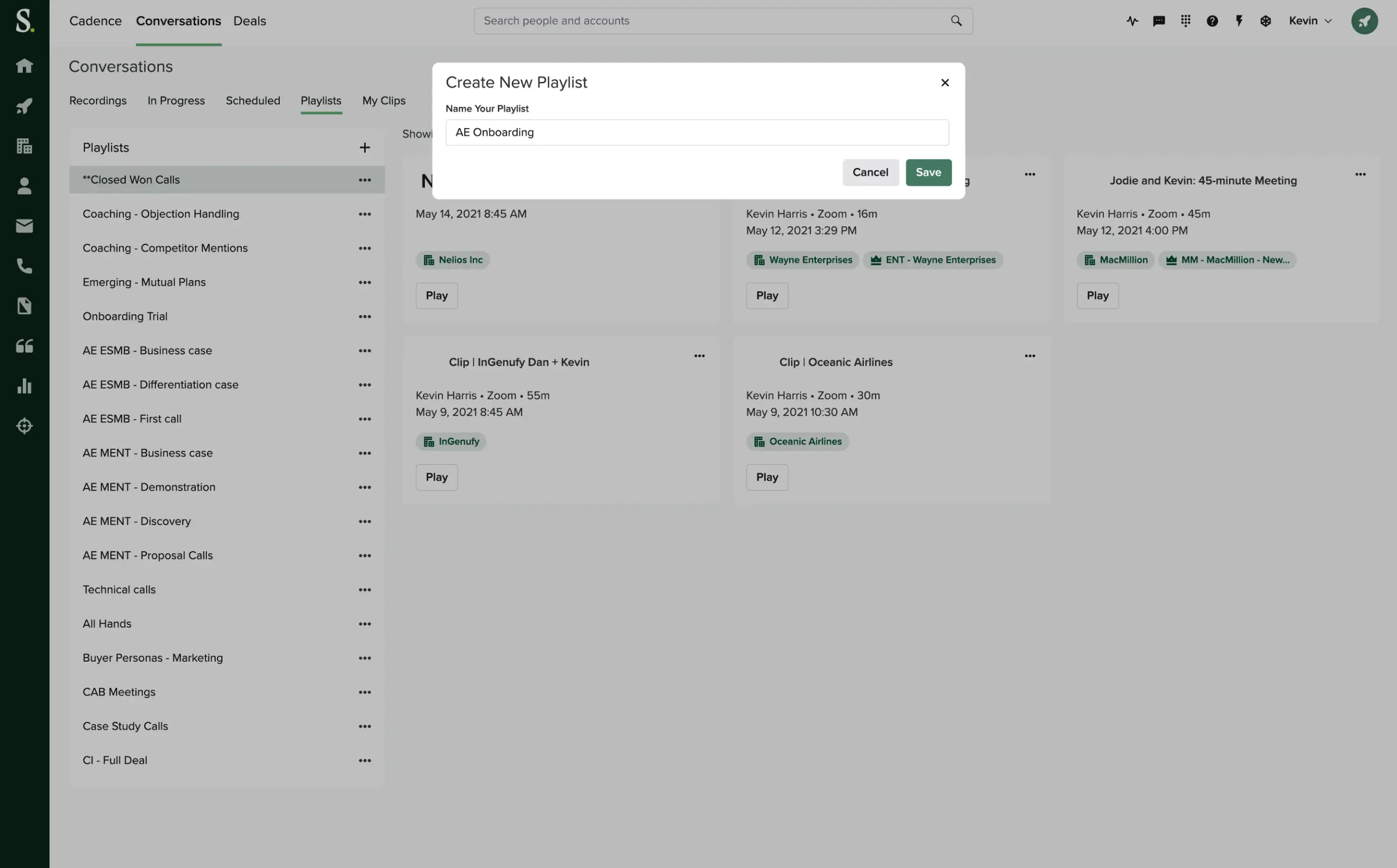 Graphic showing the creation of a new playlist on the Salesloft sales training software